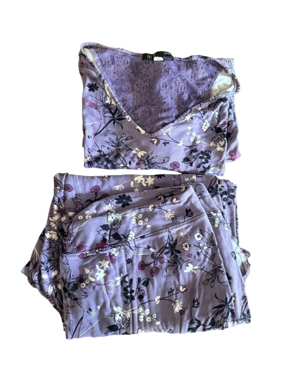 INC Womens Purple Floral 2-Piece Pajama Set Lace Trim Large Top & XL Bottoms